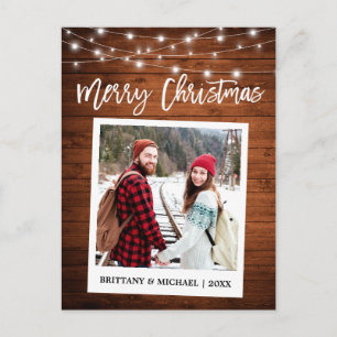 Brush Script Instant Camera Wood Couple Christmas Postcard