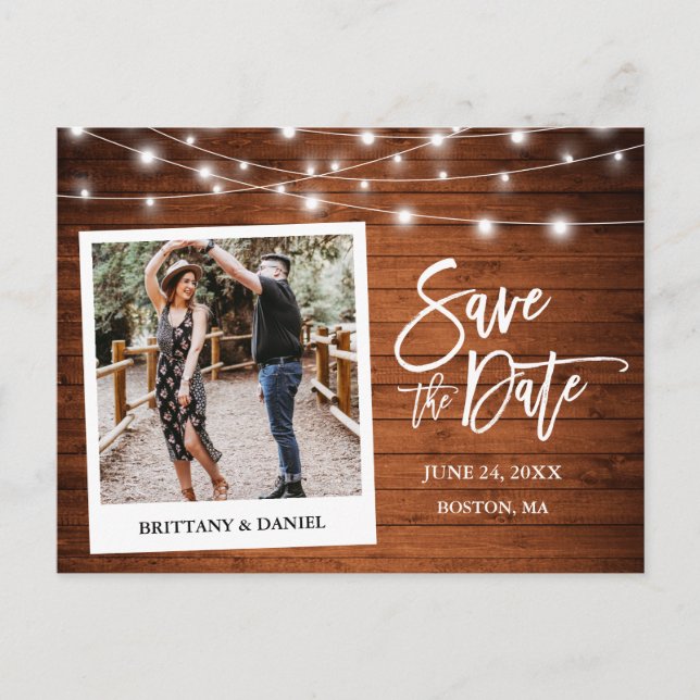 Brush Script Instant Camera Wood Save The Date Postcard (Front)