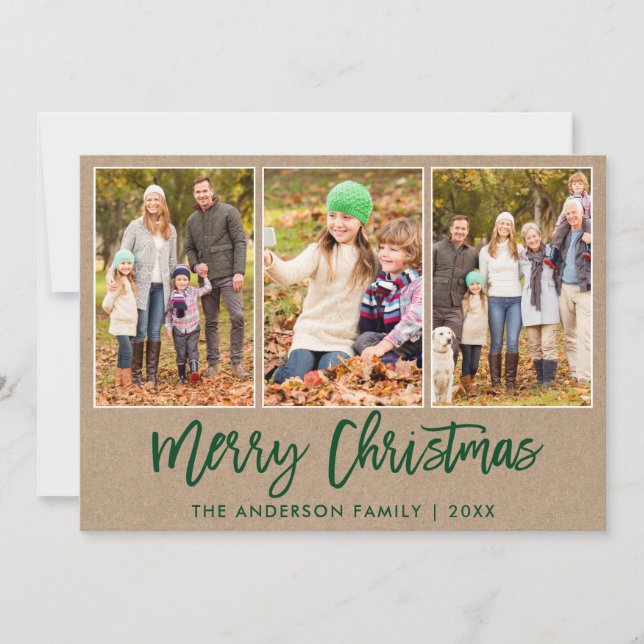 Brush Script Kraft 3 Photo Christmas Holiday Card (Front)