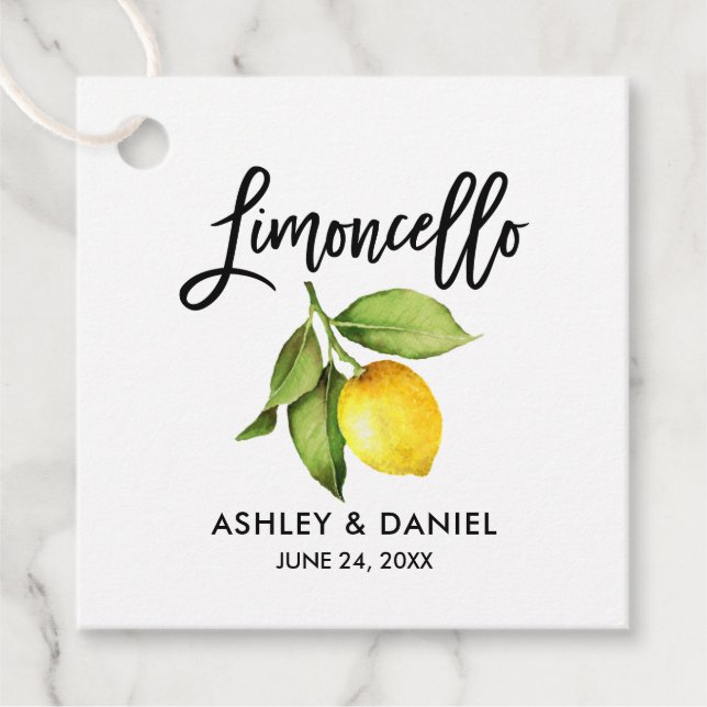 Brush Script Lemon Wedding Limoncello Square Tags (Front)