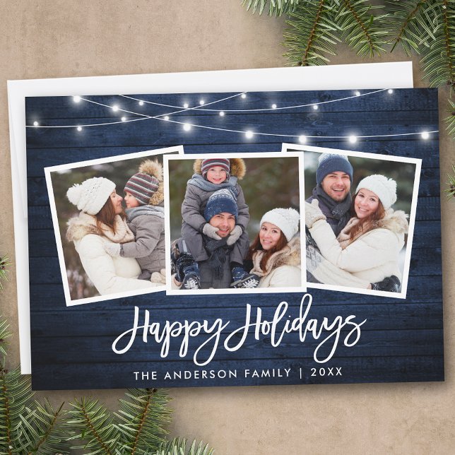 Brush Script Lights Rustic Blue Wood 3 Photo Holiday Card (Customize to add text to back of card.)