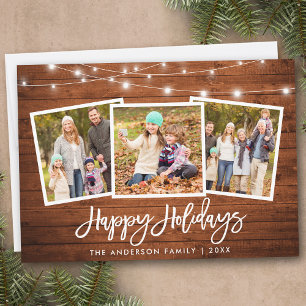 Brush Script Lights Rustic Wood 3 Photo Holiday Card