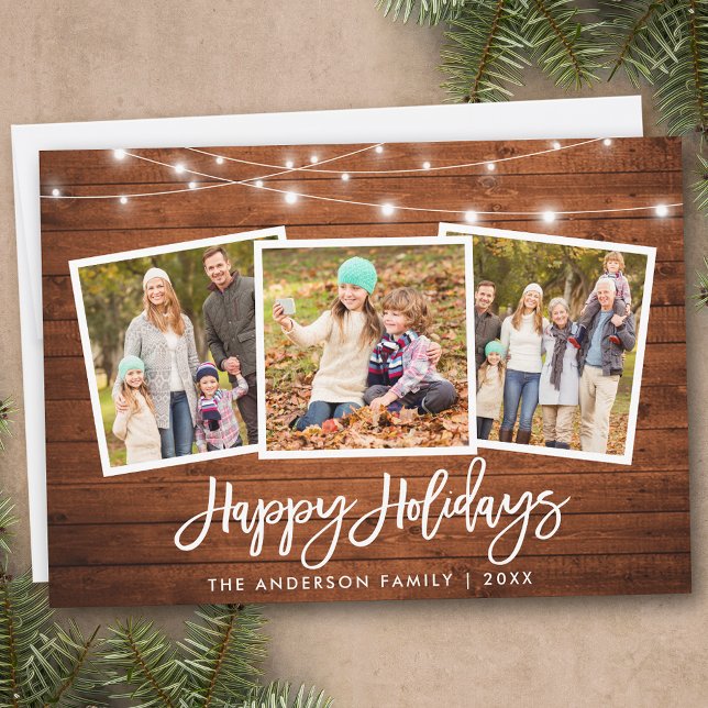 Brush Script Lights Rustic Wood 3 Photo Holiday Card (Customize to add text to back of card.)