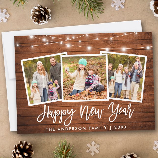 Brush Script Lights Wood 3 Photo Happy New Year Holiday Card (Customize to add text to back of card.)