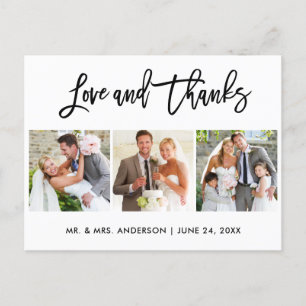 Brush Script Love and Thanks Wedding 3 Photo Postcard