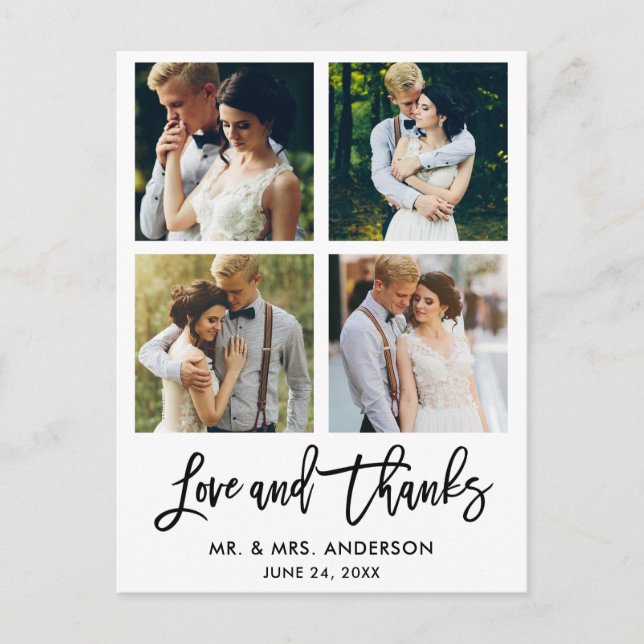 Brush Script Love and Thanks Wedding 4 Photo Postcard (Front)