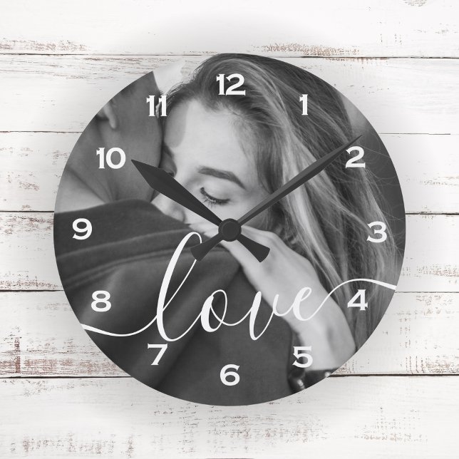 Brush Script Love Custom Photo Keepsake Round Clock (Creator Uploaded)