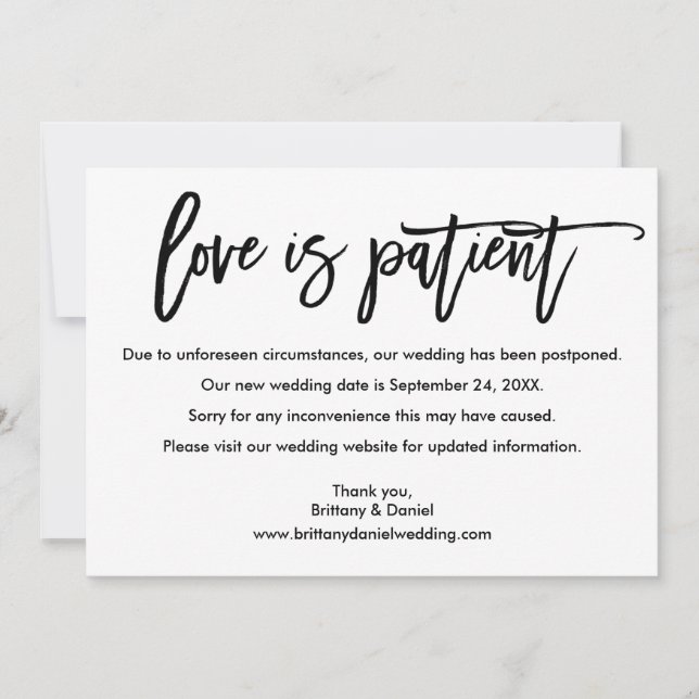 Brush Script Love Is Patient New Date Card (Front)