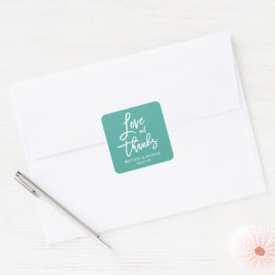 Brush Script Love Thanks Teal Envelope Seals