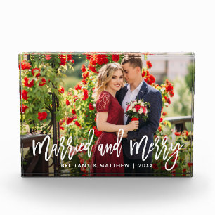 Brush Script Married and Merry Photo Wedding Block