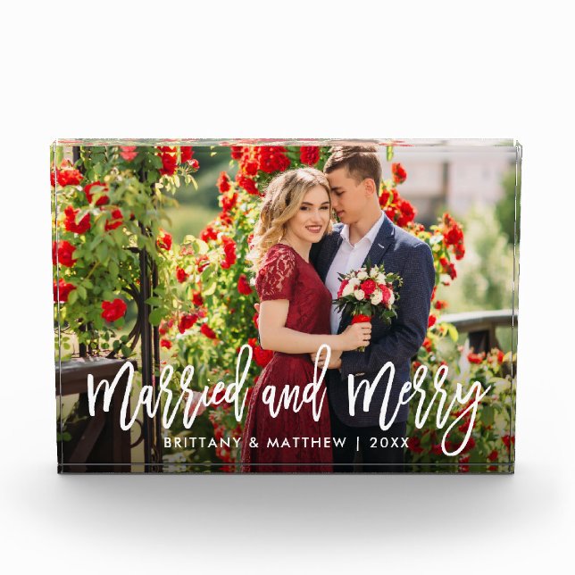 Brush Script Married and Merry Photo Wedding Block (Front)