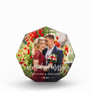Brush Script Married & Merry Photo Wedding Octagon