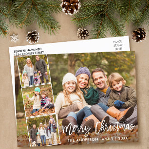 Brush Script Merry Christmas Family 4 Photo Postcard