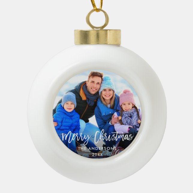 Brush Script Merry Christmas Family Photo Ceramic Ball Christmas Ornament (Front)