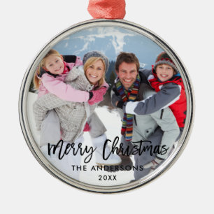 Brush Script Merry Christmas Family Photo Metal Ornament