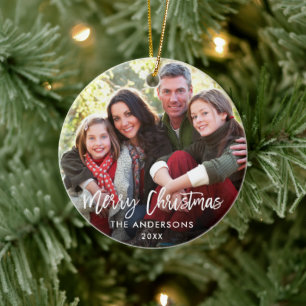 Brush Script Merry Christmas Family Photo RW Ceramic Ornament