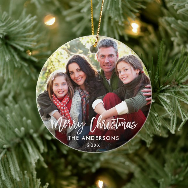 Brush Script Merry Christmas Family Photo RW Ceramic Ornament (Tree)