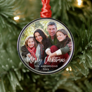 Brush Script Merry Christmas Family Photo RW Metal Ornament