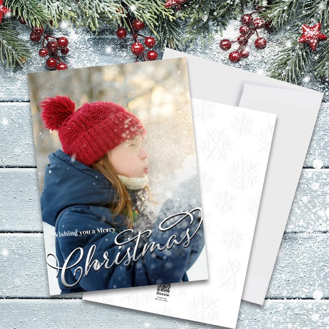 Brush Script Merry Christmas Photo Holiday Card (Merry Christmas silver calligraphy script block lettering. )