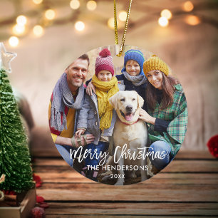 Brush Script Merry Christmas Photo Red Back Ceramic Ornament