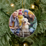 Brush Script Merry Christmas Photo Red Back Ceramic Ornament<br><div class="desc">Modern Brush Script Merry Christmas Family Photo Ornament - Red Snowflakes back</div>