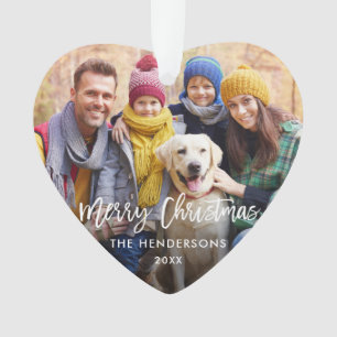 Brush Script Merry Christmas Photo Red Back Heart Ornament