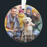 Brush Script Merry Christmas Photo Red Back Ornament<br><div class="desc">Modern Brush Script Merry Christmas Family Photo Heart Ornament - Red Snowflakes back</div>