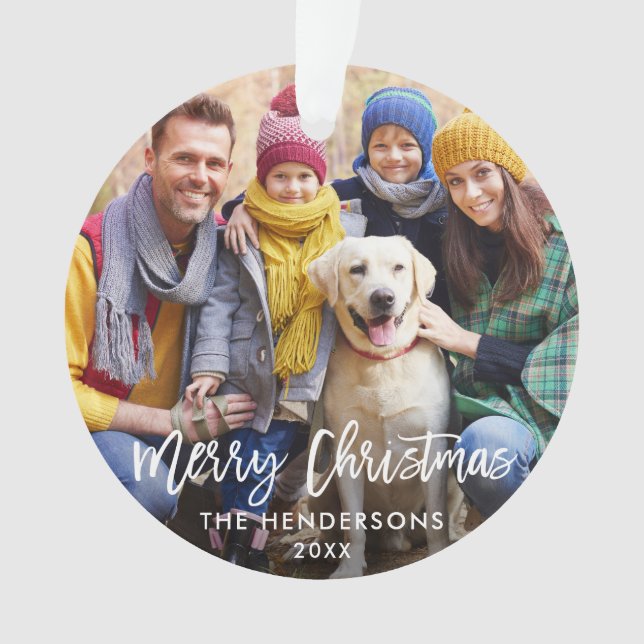 Brush Script Merry Christmas Photo Red Back Ornament (Front)