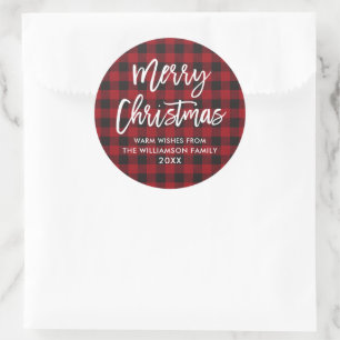 Brush Script Merry Christmas Red Buffalo Plaid Classic Round Sticker