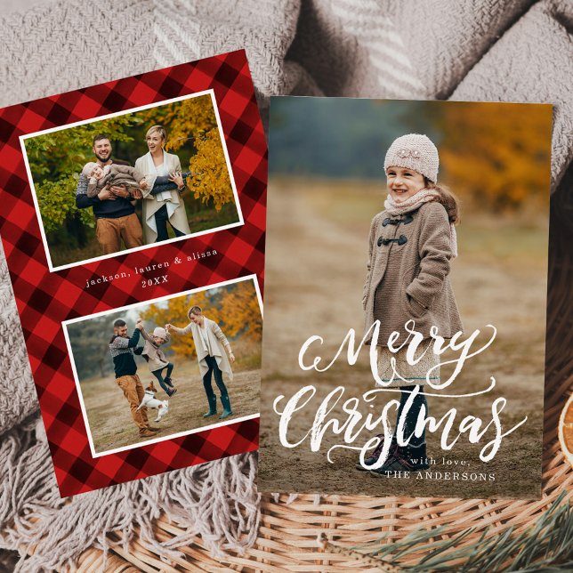 Brush Script Merry Christmas Red Plaid 3 Photo Holiday Card (Creator Uploaded)