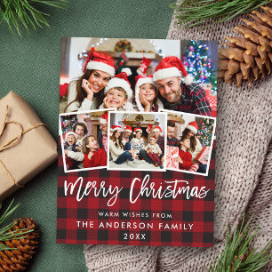 Brush Script Merry Christmas Red Plaid 4 Photo Postcard