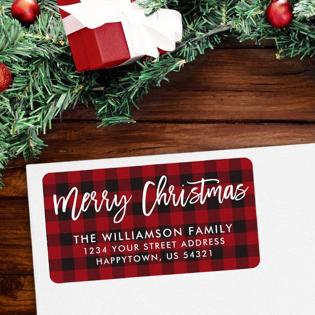 Brush Script Merry Christmas Red Plaid Address Label (Customize to change your personalized text size or style.)