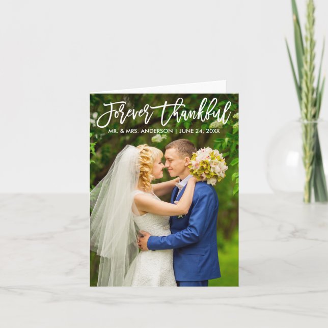 Brush Script Modern Forever Thankful Wedding Note Thank You Card (Front)