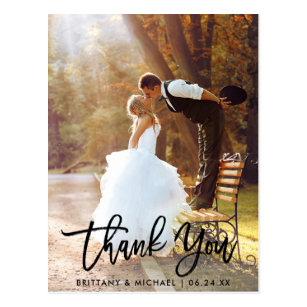 Brush Script Modern Wedding Photo Thank You Postcard