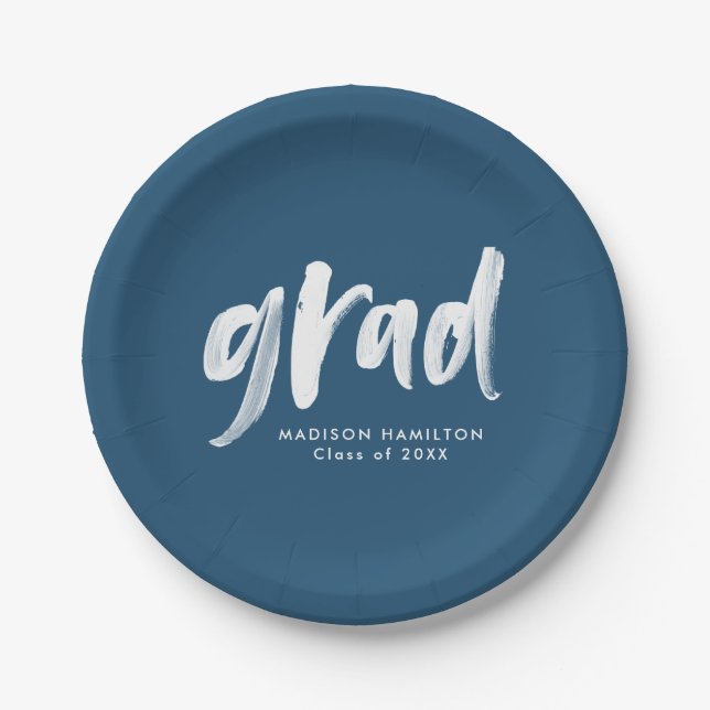 Brush Script Navy Graduation Paper Plate (Front)