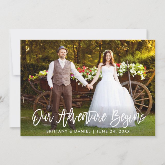 Brush Script Our Adventure Begins Wedding Thank You Card (Front)