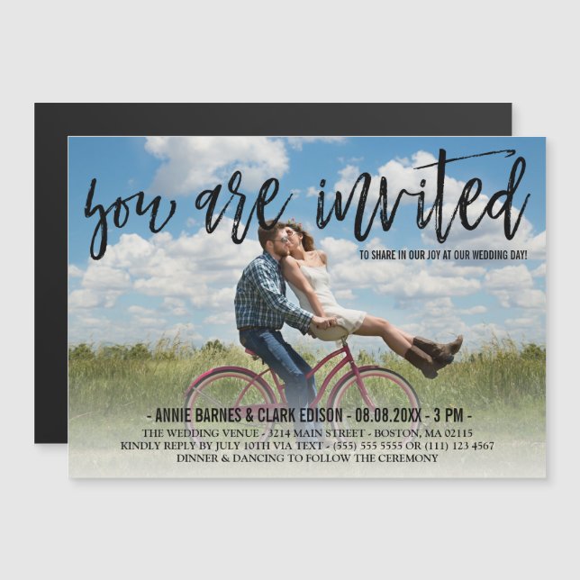Brush Script Overlay Photo Wedding Magnetic Invitation (Front/Back)