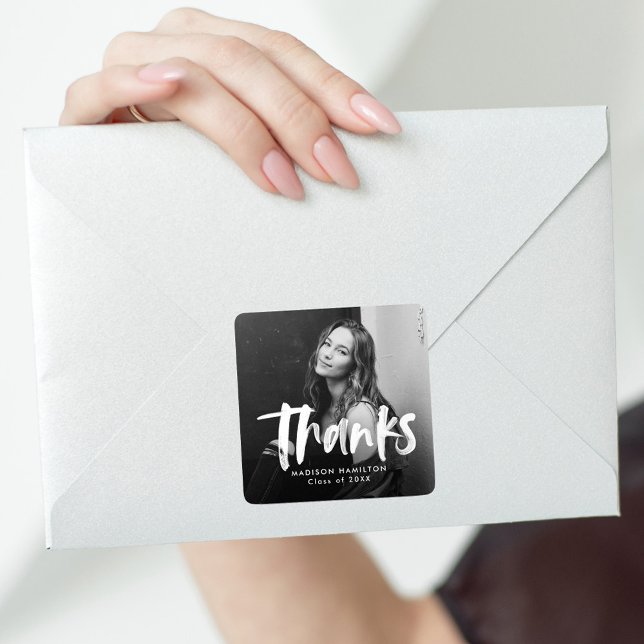 Brush Script Photo Graduation Thank You Square Sticker (Creator Uploaded)