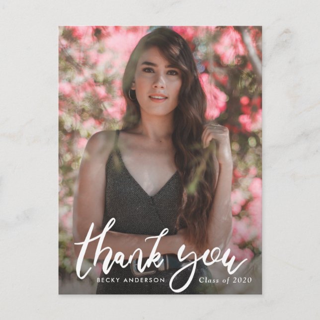 Brush script photo overlay graduation thank you postcard (Front)