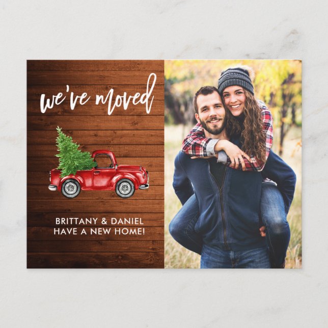 Brush Script Photo Rustic Address Change Red Truck Postcard (Front)