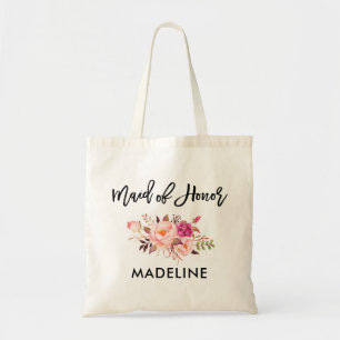 Brush Script Pink Blush Floral Maid of Honour Tote Bag