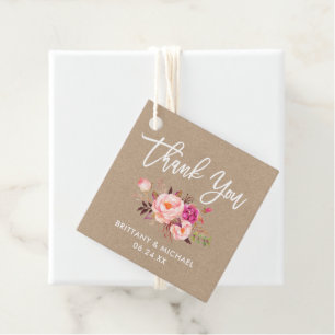 Brush Script Pink Floral Wedding Kraft Thank You Favour Tags