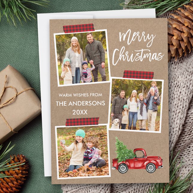 Brush Script Plaid Craft Tape Red Truck Kraft Holiday Card (Customize to add text to back of card.)