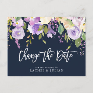 brush script purple floral change the date postcard