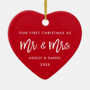 Brush Script Red First Christmas Photo Back Ceramic Ornament