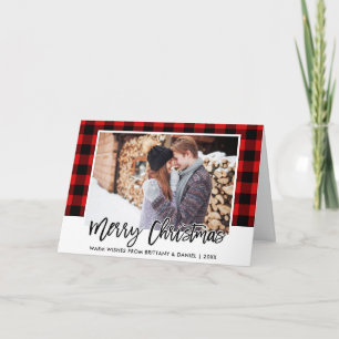 Brush Script Red Plaid Couple Photo Christmas Holiday Card