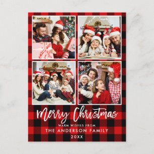 Brush Script Red Plaid Family 4 Photo Christmas Postcard