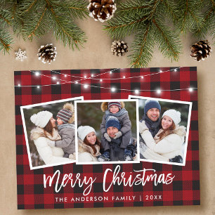 Brush Script Red Plaid Lights 3 Photo Christmas Postcard