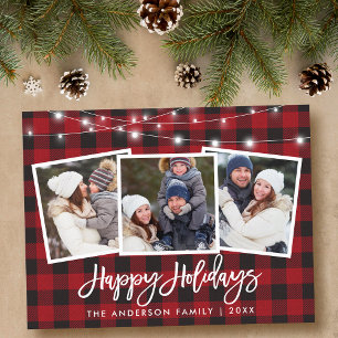 Brush Script Red Plaid Lights 3 Photo Holiday Postcard