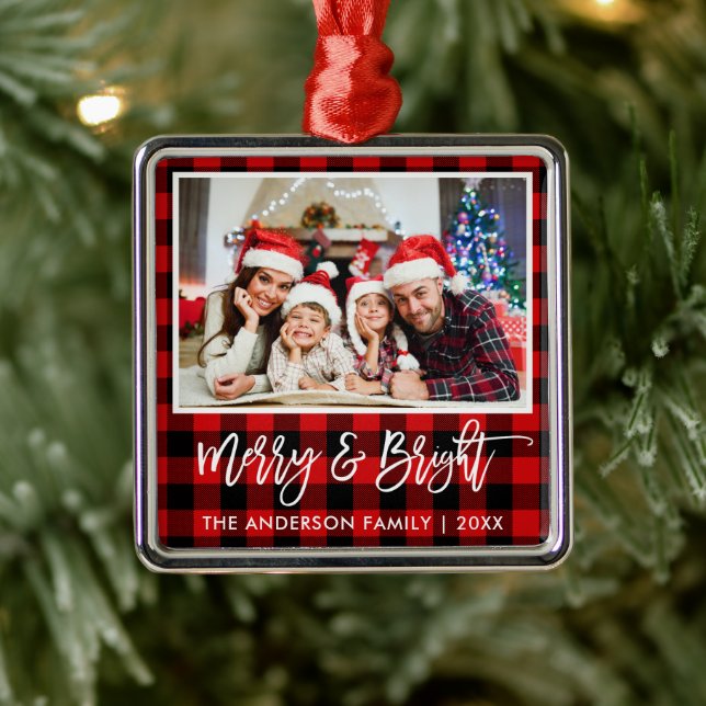 Brush Script Red Plaid Merry and Bright Family Metal Ornament (Tree)